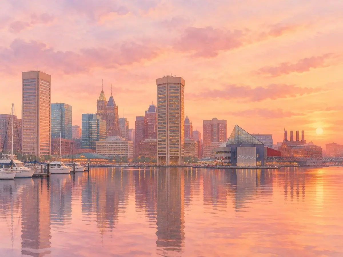 Baltimore harbor at sunset
