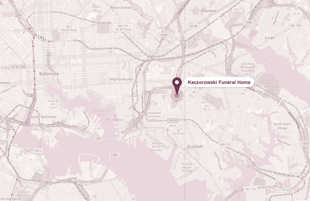 Map showing Kaczorowski Funeral Home at 1201 Dundalk Avenue, between downtown Baltimore and Dundalk